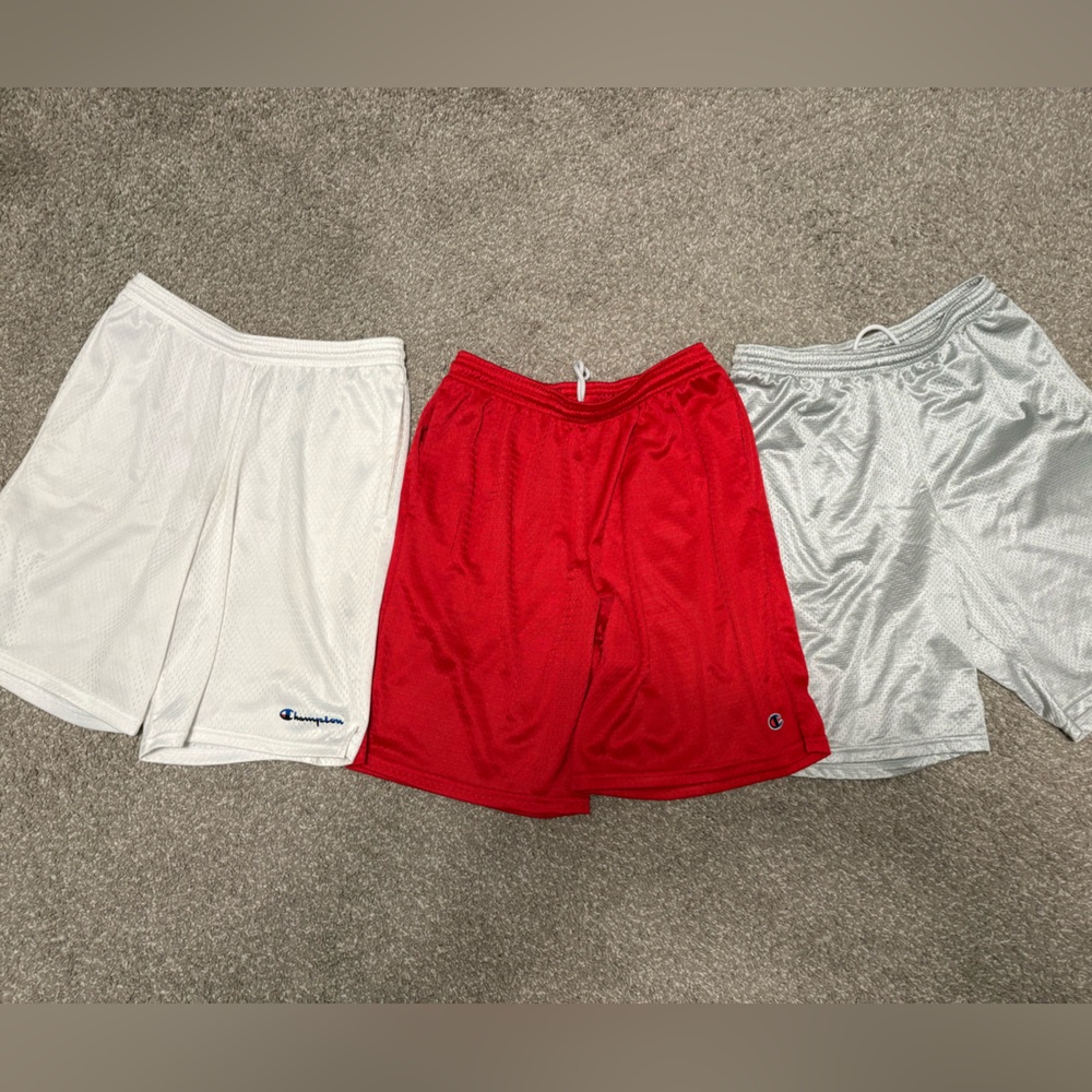 Champion Men's Athletic Shorts Bundle of 3 - Red, White, and Gray